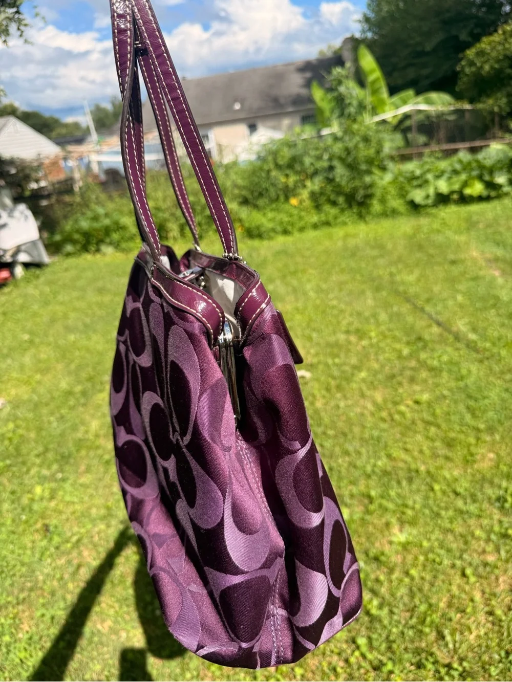 Coach Plum Signature Tote with Leather Trim